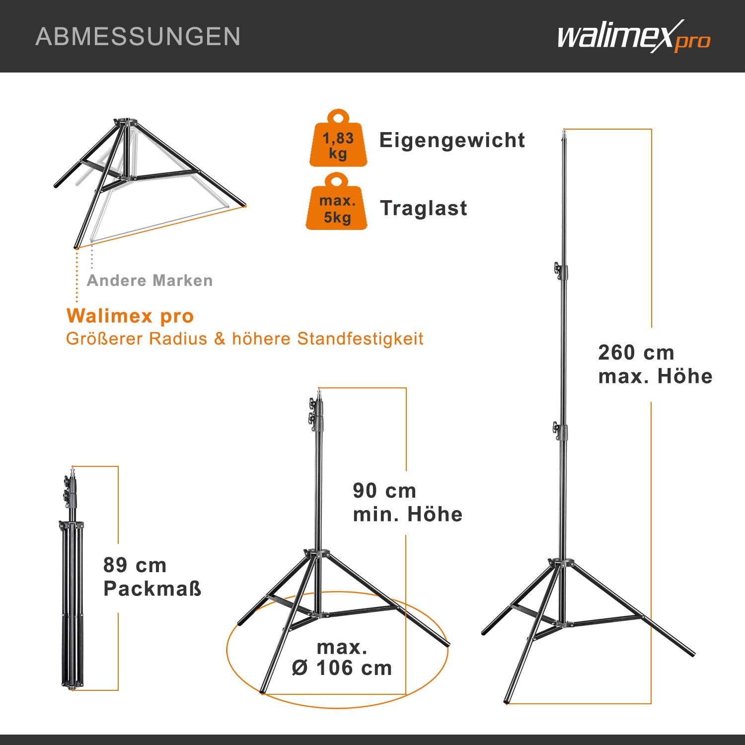 Stativo per luci FT-8051 max 5 kg e altezza fino a 260 cm, cavalletto fotografico per faretti LED flash ring light attrezzature foto e video, adattatore 3/8" e borsa