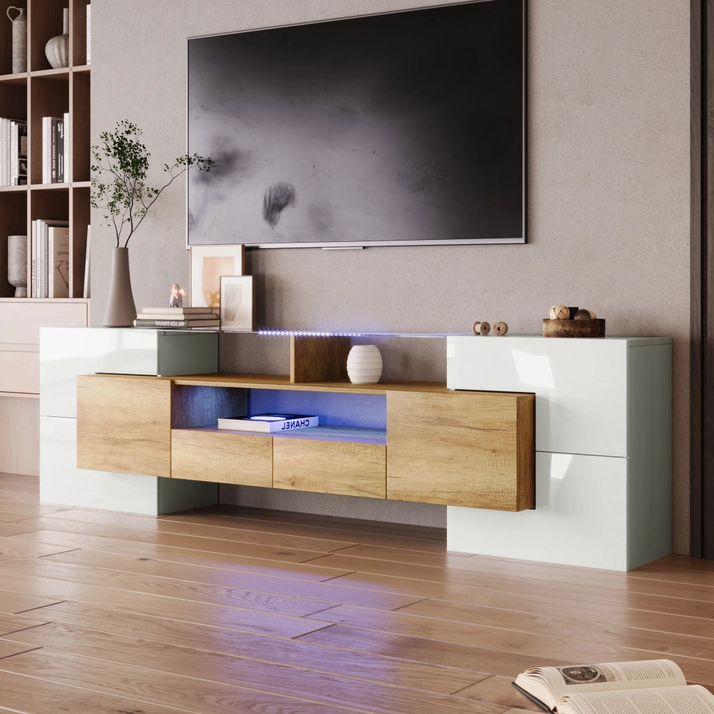 Mobile TV con 6 Ante; 2 Cassetti; 3 Vani e LED Multicolore; Bianco Lucido; 200¡Á35¡Á60 cm; in MDF; Naturale