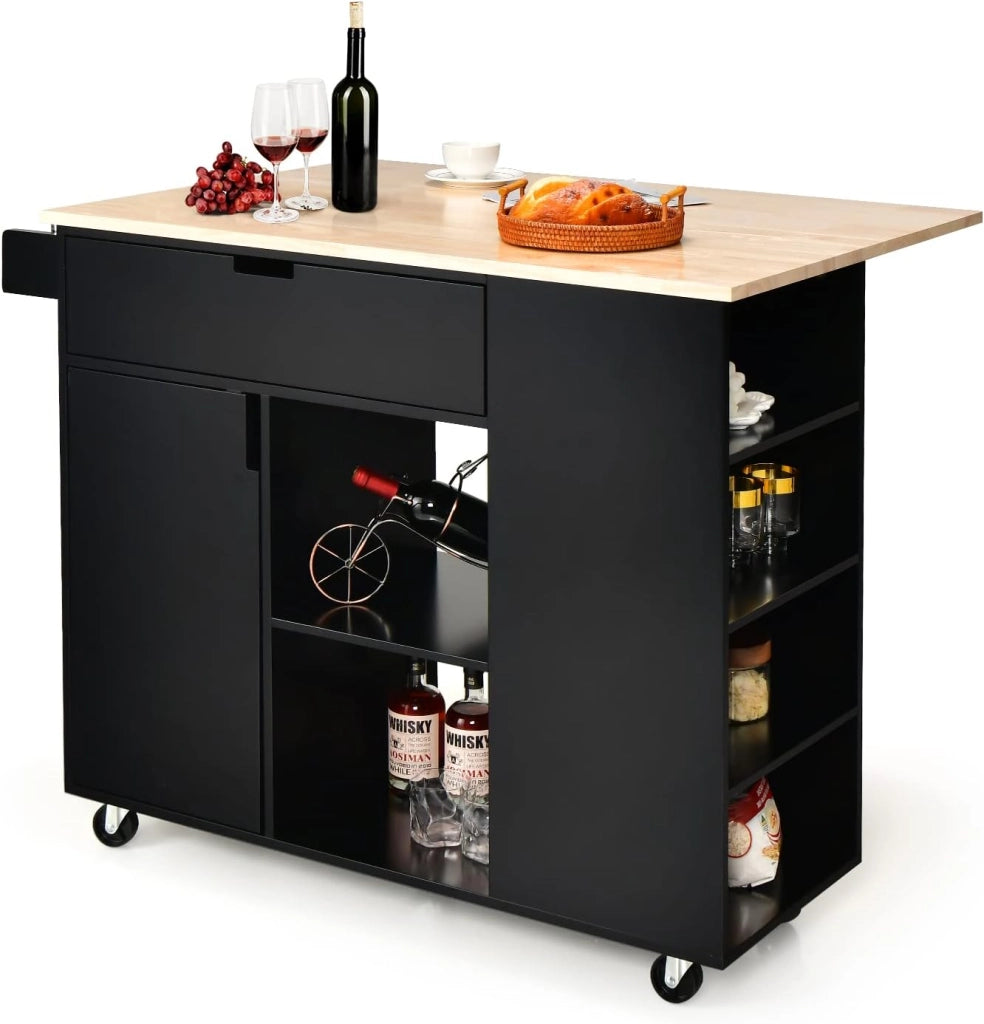 COSTWAY Carrello da Cucina con Cassetto, Carrello Servizio con Ripiano Aperto e Pieghevole, Carrello Multiuso con Ruote e Portasciugamani, 124x76x92 cm (Nero)