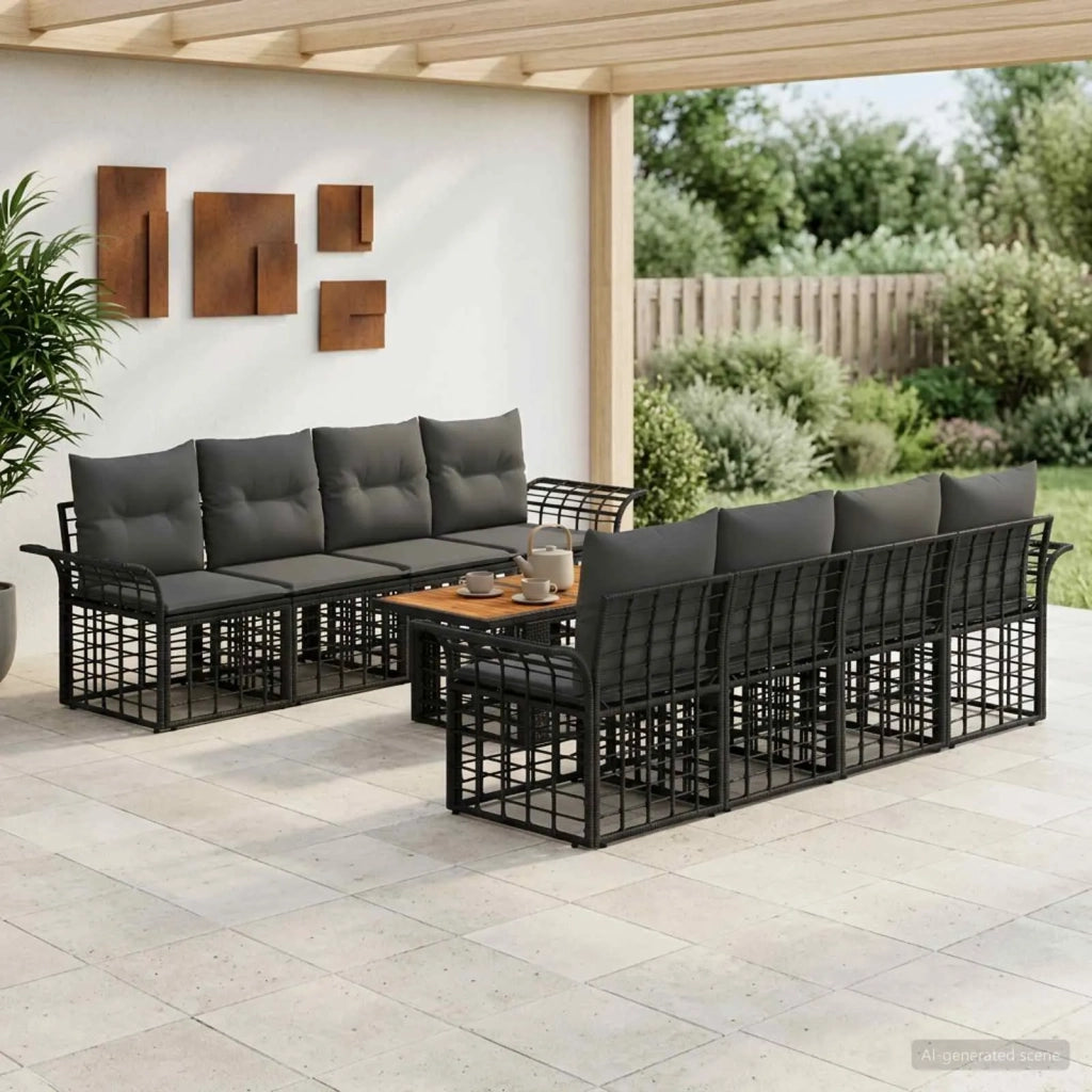 Set Divano da Giardino 9 pz Nero e Grigio scuro polyrattan 3437957