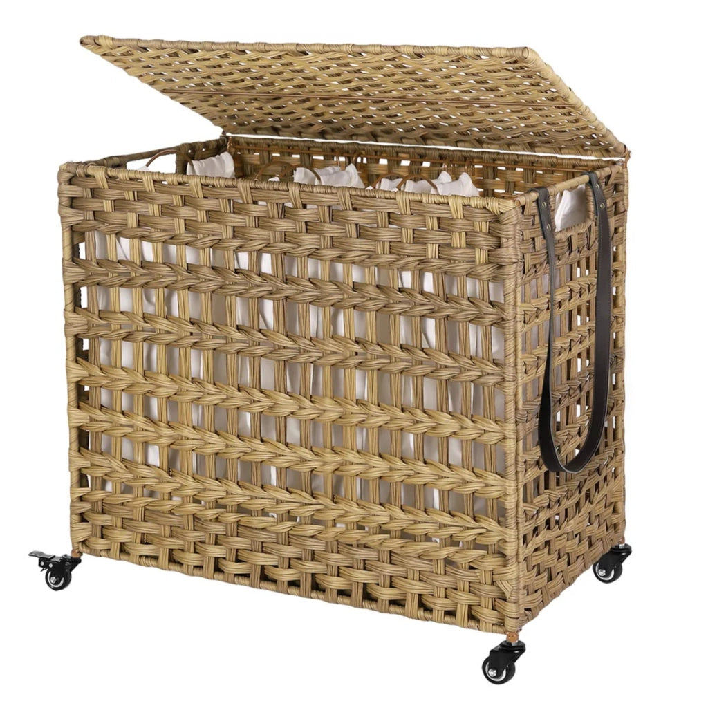 Cesto portabiancheria intrecciato a mano stile imitazione rattan mobile 3 scomparti di smistamento coperchio manici sacchetti rimovibili soggiorno bagno 66 cm lavanderia marrone 12_0003598