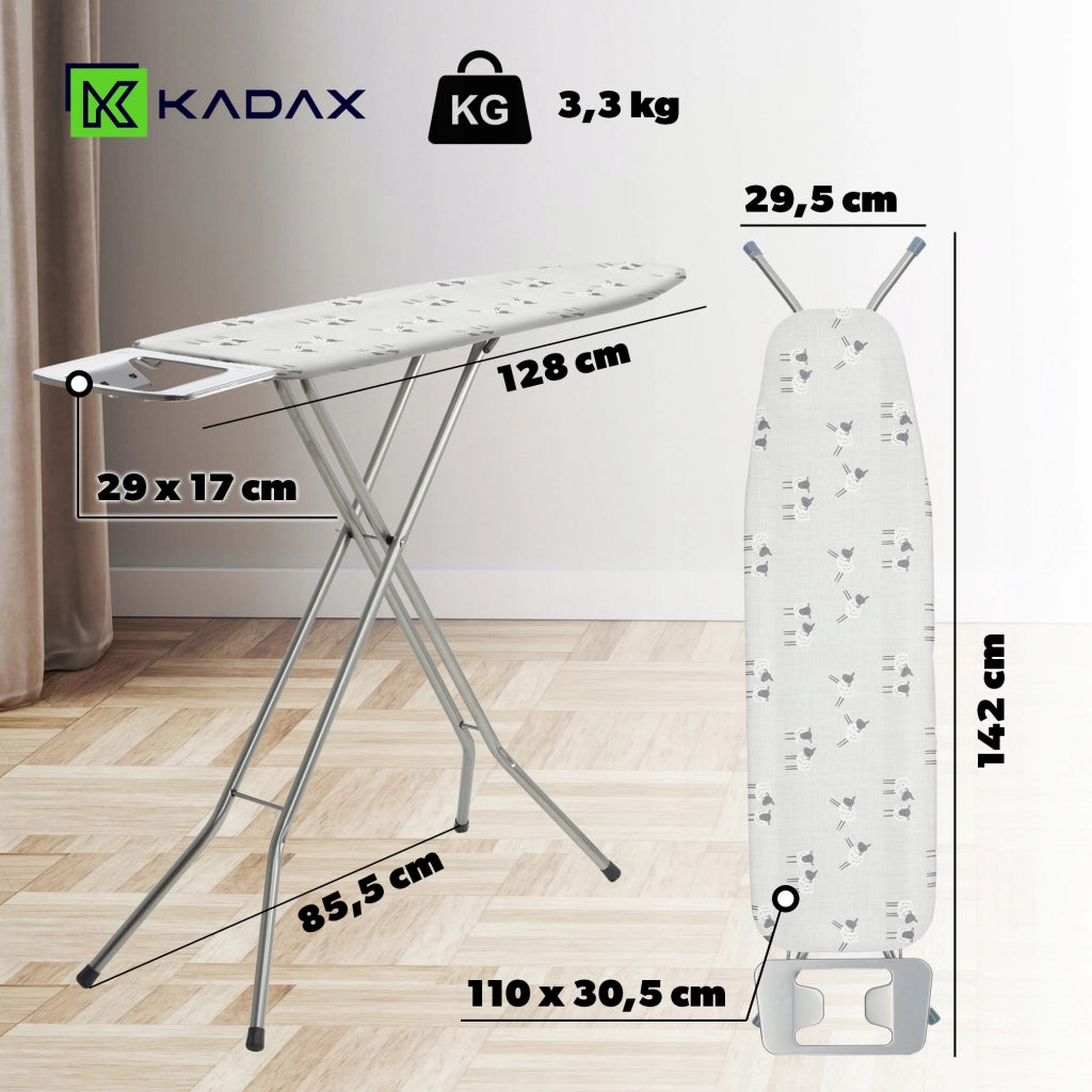 Asse da stiro KADAX 110x30cm pieghevole con supporto per ferro da stiro, piccola e robusta.