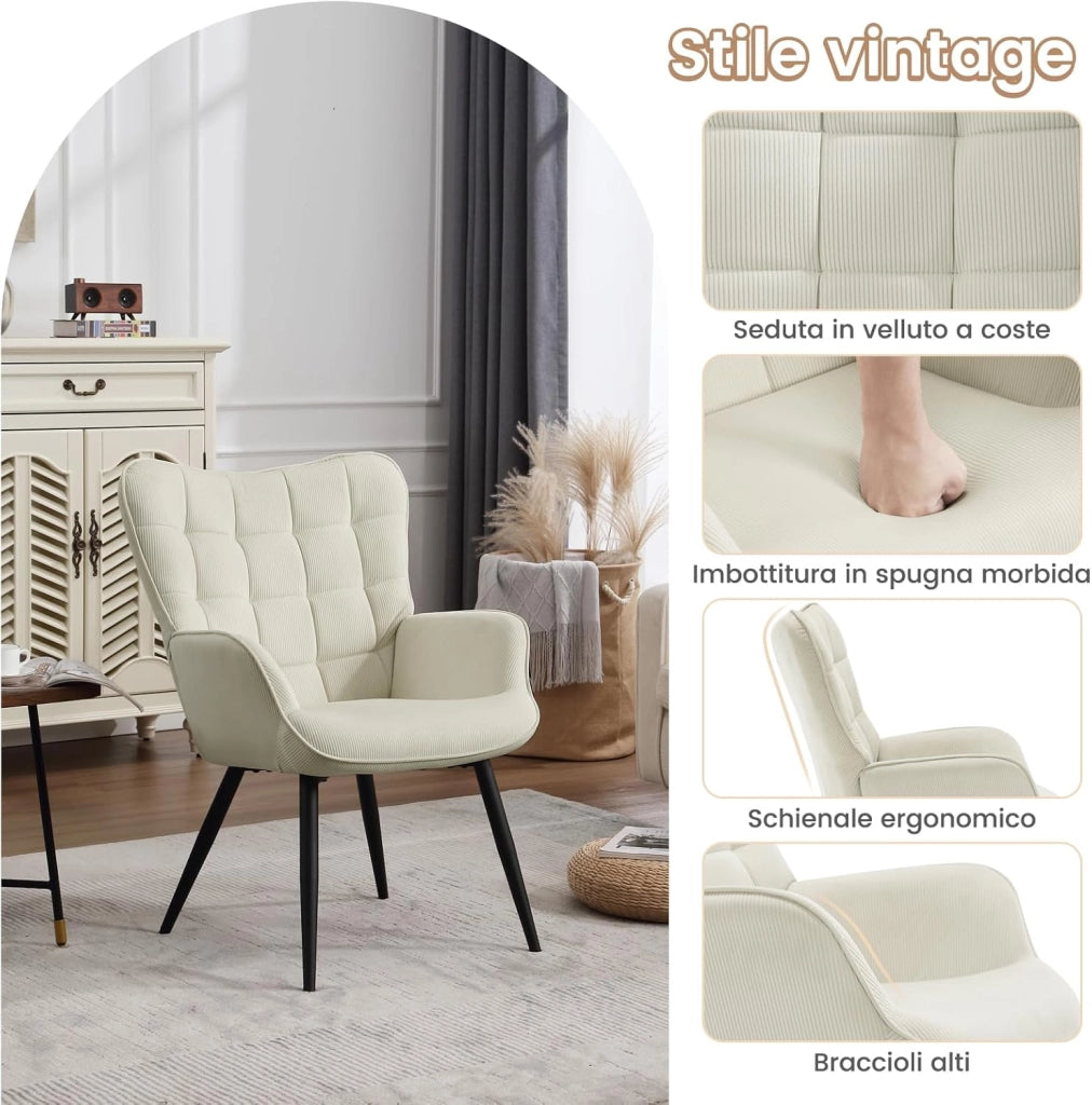 Poltrona Relax ad Ala, Poltrona Salotto Braccioli Alti, Sedia Poltrona per Camera da Letto, Soggiorno, Sedile in Velluto a Coste, Gambe in Metallo, Motivi a Quadri, Grigio Scuro, SKS31dgr