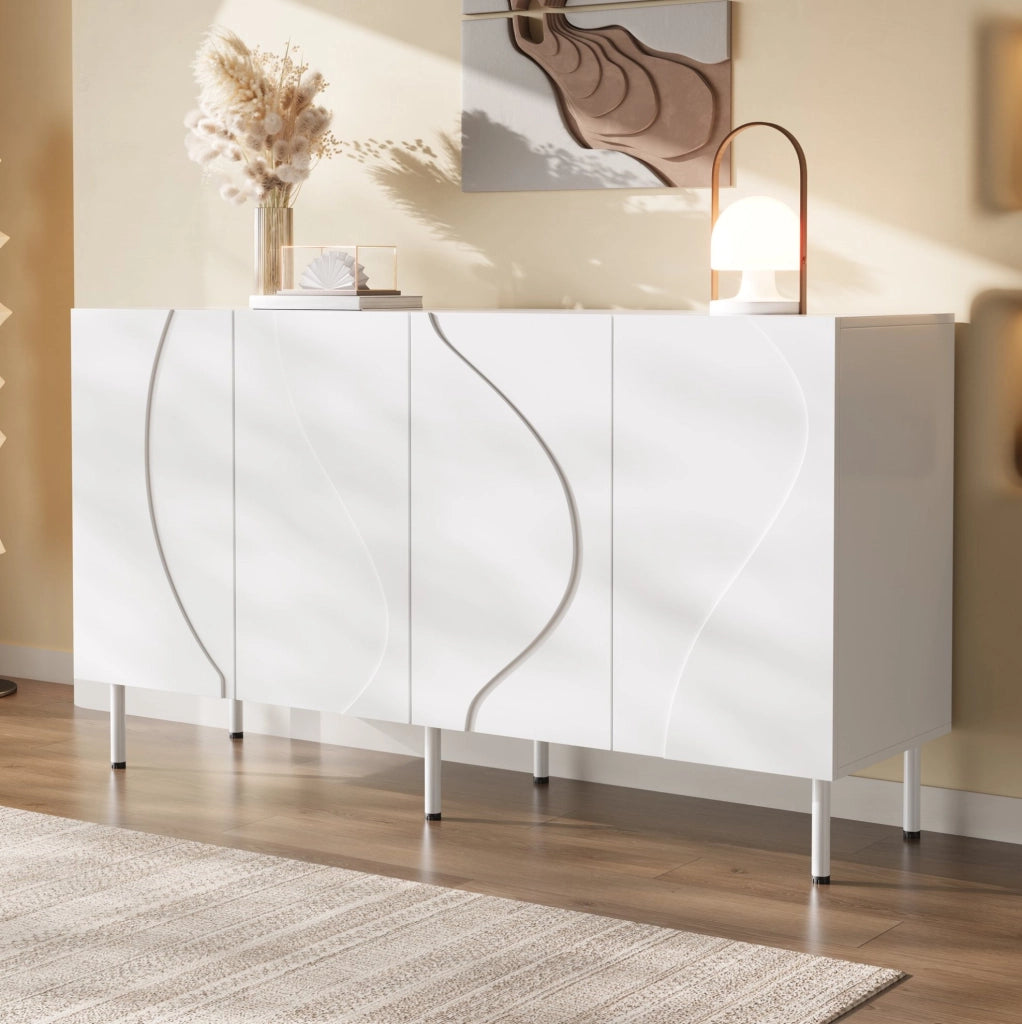Credenza bassa 140x40x77，5 cm in PB e MDF bianca con ante 3D