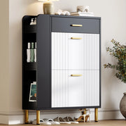 Scarpiera slim con 2 ante a ribalta; 1 cassetto e 3 scomparti aperti; 80x24x105 cm; bianco e nero
