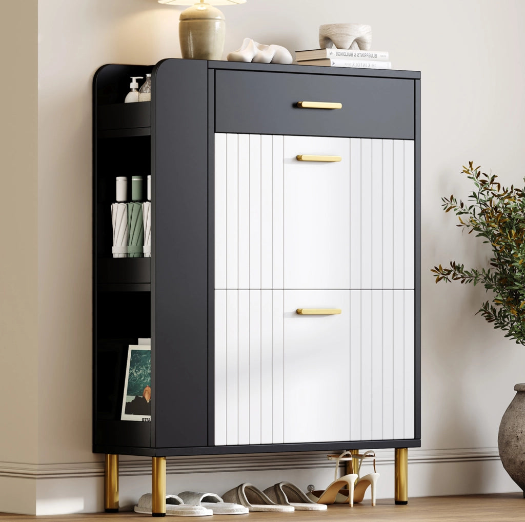 Scarpiera slim con 2 ante a ribalta; 1 cassetto e 3 scomparti aperti; 80x24x105 cm; bianco e nero