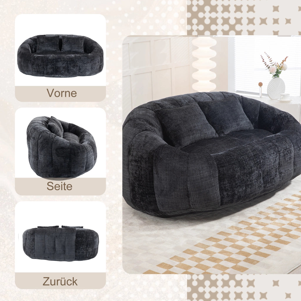Divano Pouf 2 Posti con Braccioli e Schienale Alto; Poltrona Gaming da Pavimento in Memory Foam Confort; in Ciniglia Nero