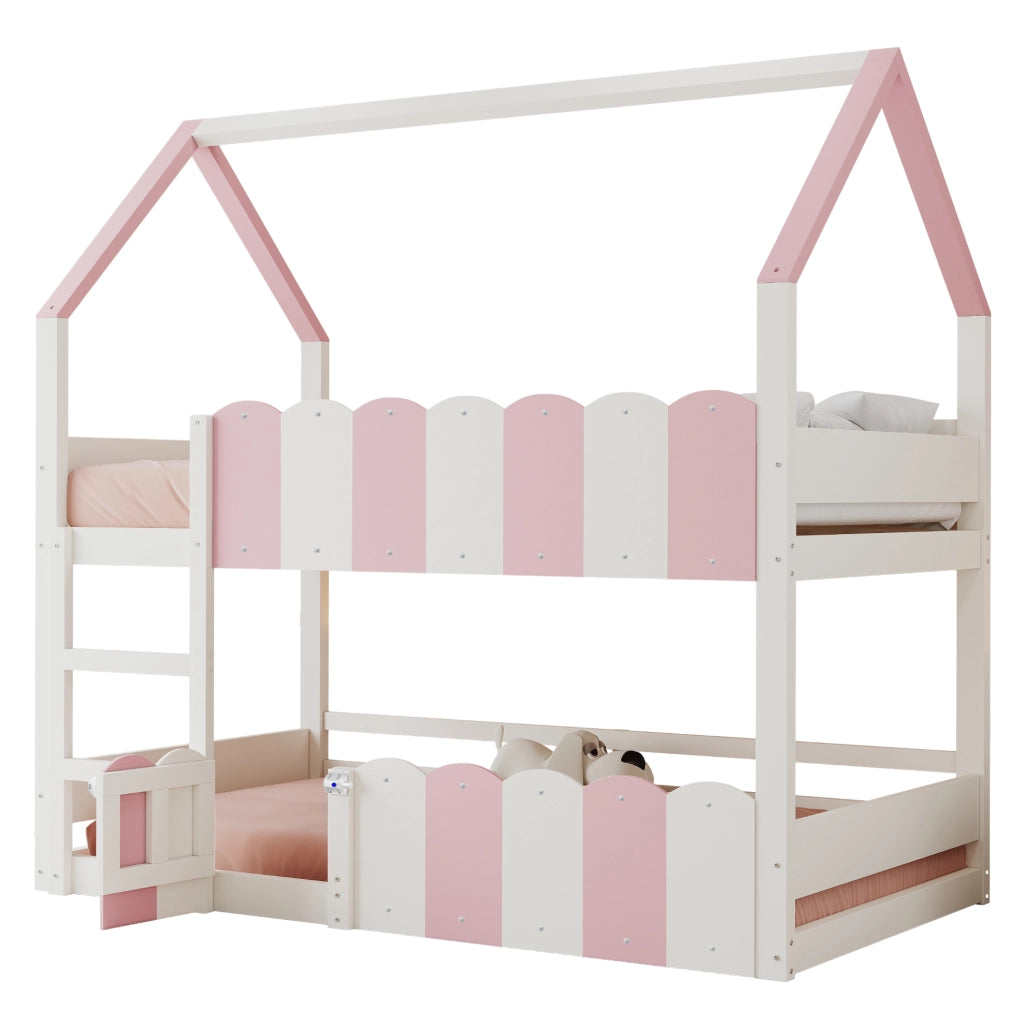 Letto a castello per bambini a forma di casetta 90x200 cm; rosa e bianco; con rete a doghe