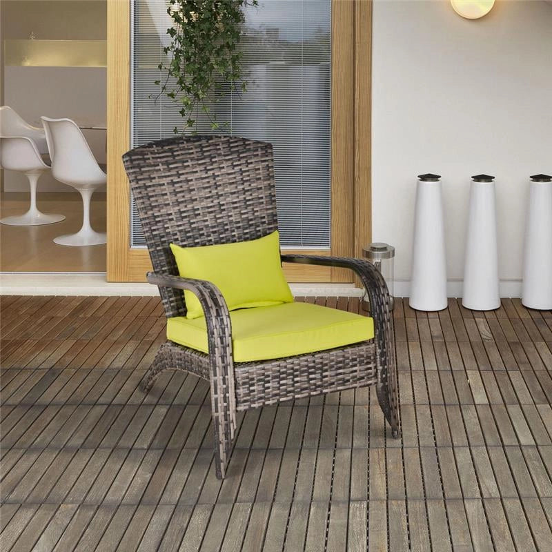 POLTRONA DA GIARDINO IN RATTAN CON BRACCIOLI E CUSCINI IMBOTTITI GRIGIA E VERDE