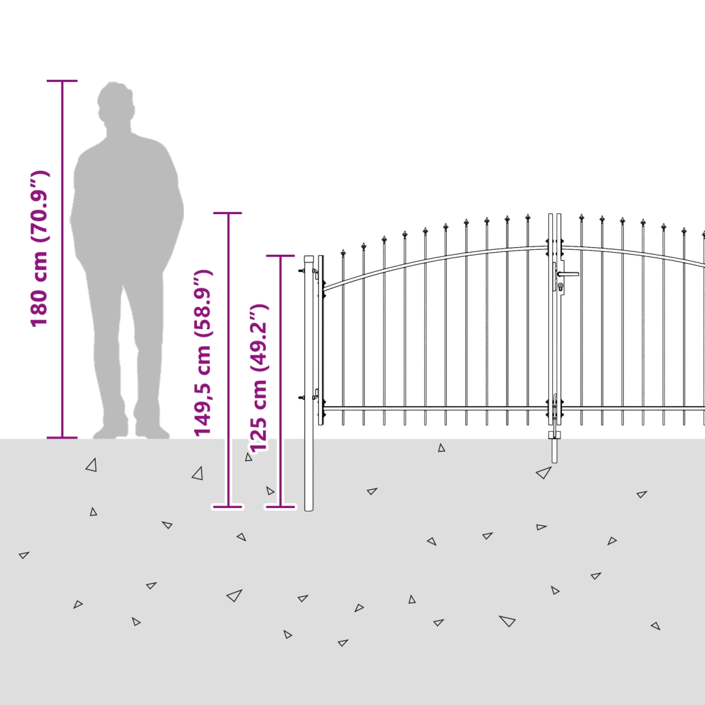 Cancello da giardino con punta a lancia a battente doppio grigio 100x300 cm in acciaio