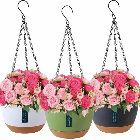 Set di tre vasi da appendere per piante, vasi con fori di drenaggio e ciotole, per esterni e interni, per giardino e balcone (colori misti)