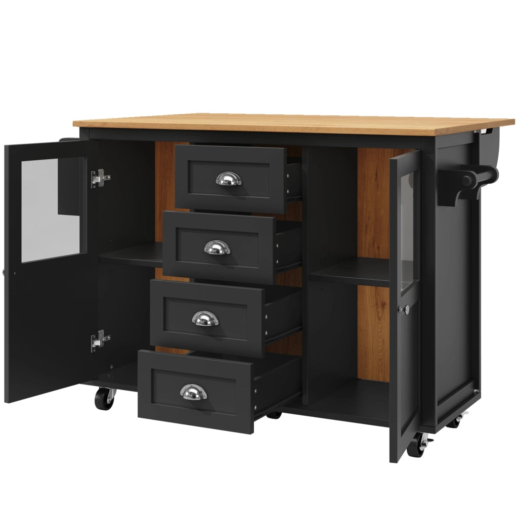 Isola da cucina 137.9x73x92.5 cm pieghevole con ruote in MDF e metallo nera
