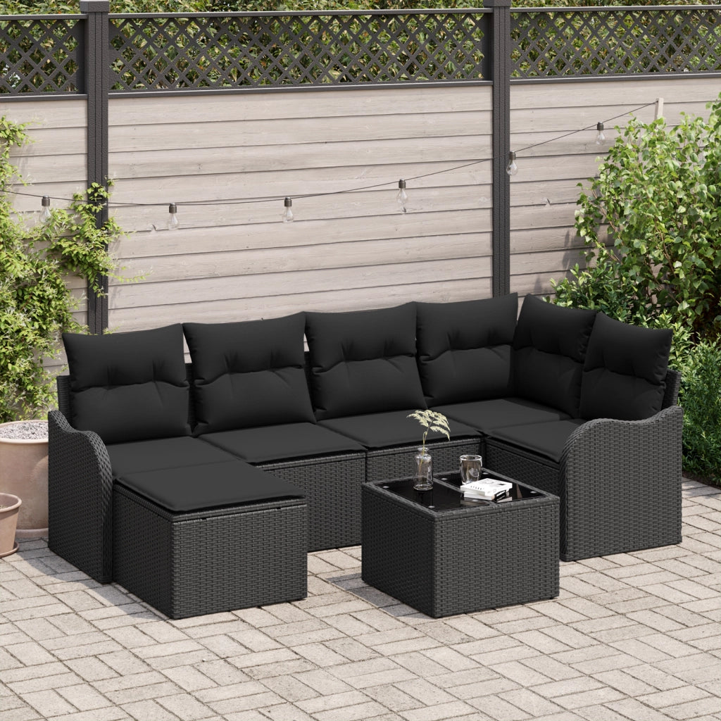 Set Divano da Giardino in 7 Pezzi con Cuscini Beige Polyrattan