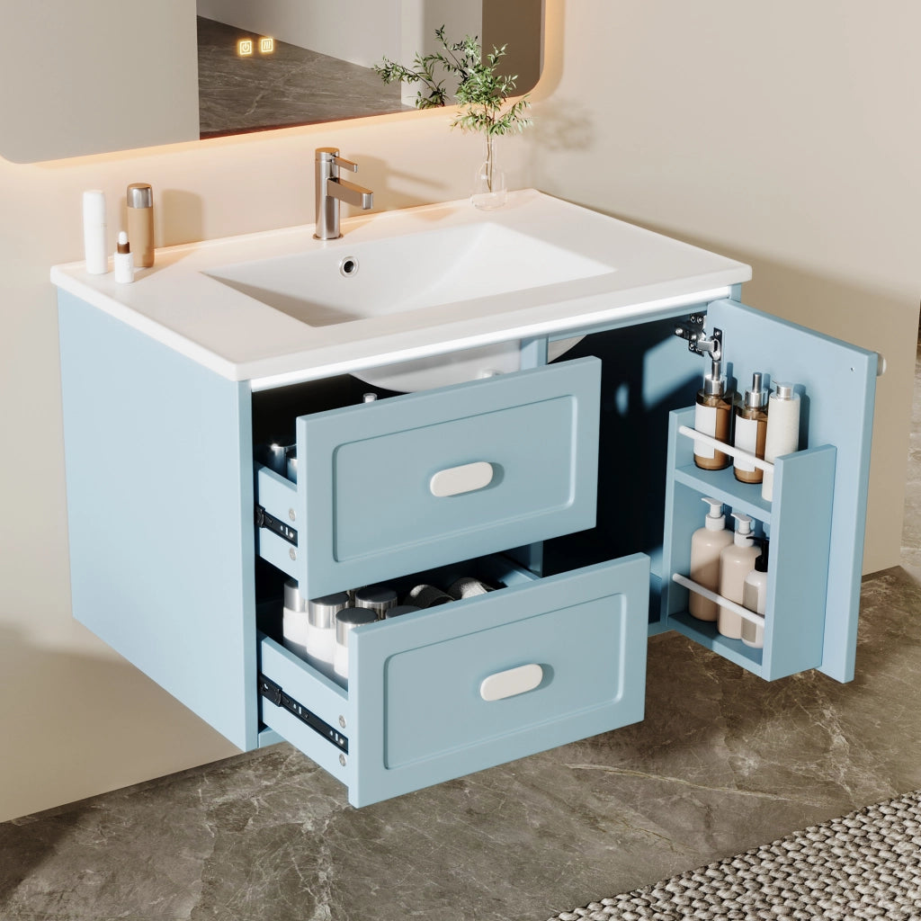 Mobile bagno sospeso 76x46x51 cm blu con lavabo integrato in ceramica, 2 cassetti e luce LED con sensore radar