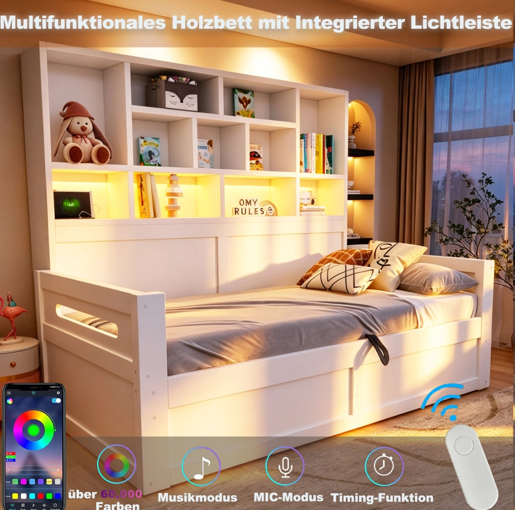Letto singolo 90x200 cm con vano idraulico; LED e prese; MDF bianco