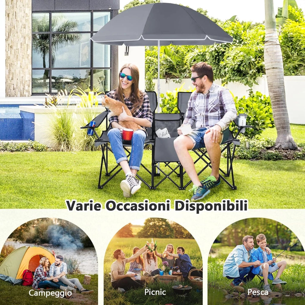 Set di 2 Sedie da Campeggio Pieghevoli, con Ombrellone e Tavolino Contenitore, Resistente e Leggero, Capacità 113 kg (grigio)