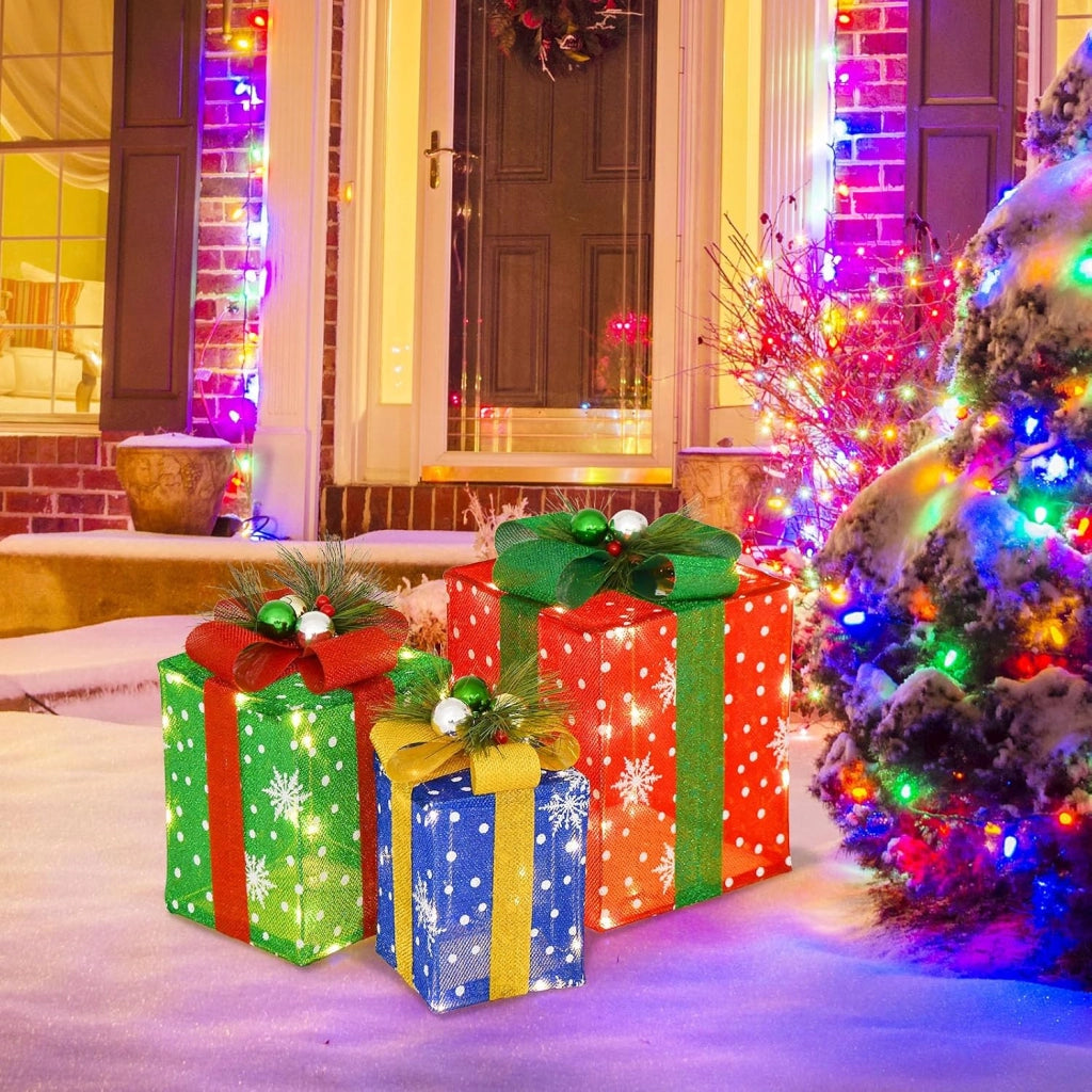 Decorazioni Scatola Regalo di Natale, Set di Scatole Regalo Illuminate, Decorazione Natalizia per Interni ed Esterni con 52 Luci LED per Esterno (Rosso+Verde+Blu)