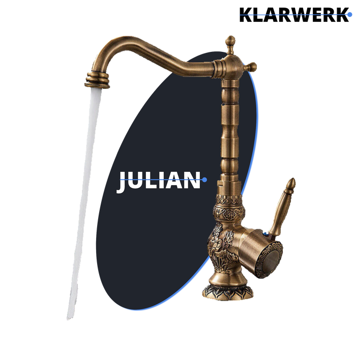 JULIAN | Rubinetto da cucina vintage premium in ottone spazzolato | miscelatore retrò in acciaio inox da cucina Gastro | 2 porte ruotabili a 360°