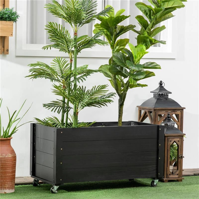 FIORIERA DA GIARDINO CON FORO DI DRENAGGIO E ROTELLE, IN LEGNO DI ABETE, 89X48X47 CM, NERA