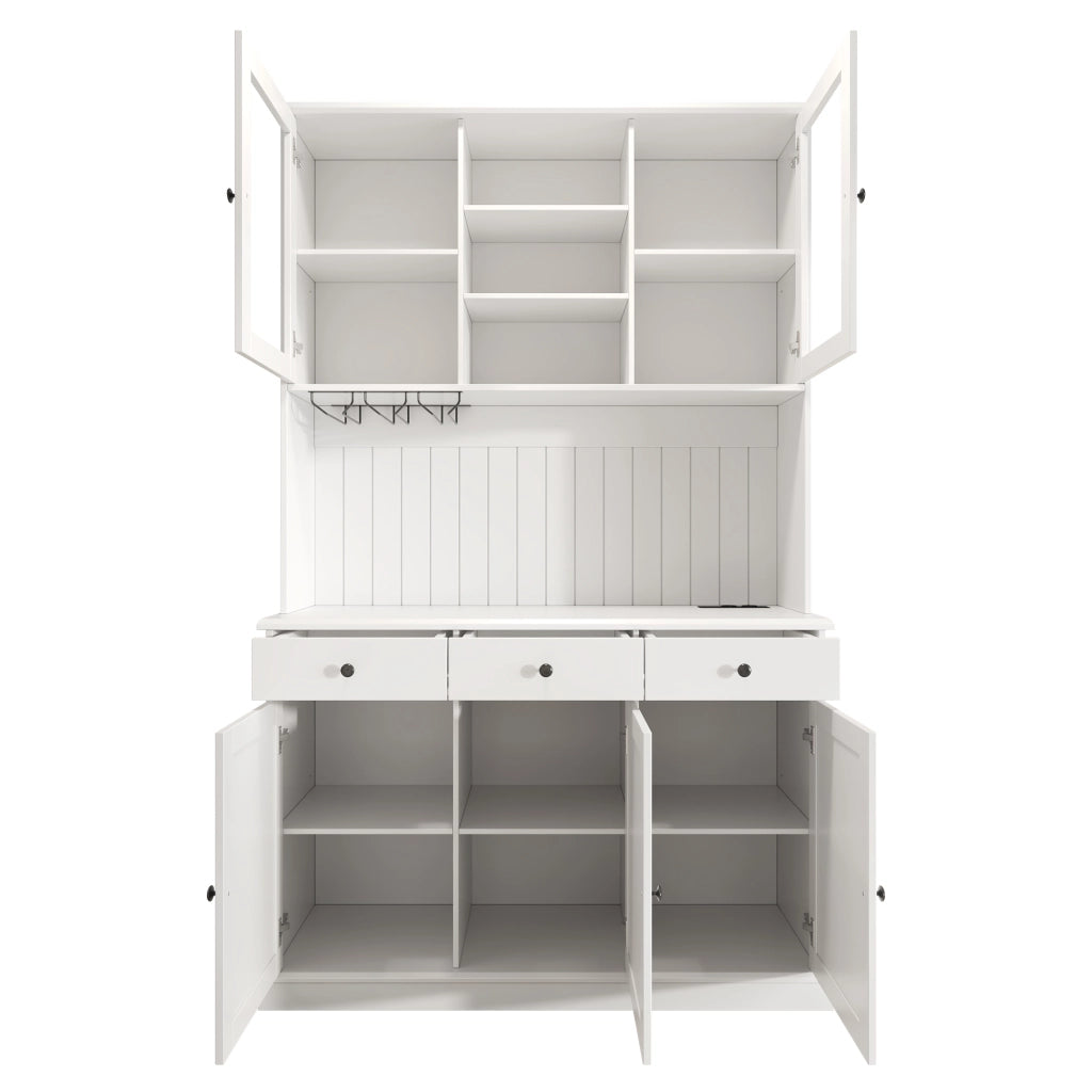 OKWISH Credenza Alta da Cucina con Ante in Vetro, 1 Cassetto, Mobile Inferiore, Portabicchieri e Prese, 120×40×191 cm