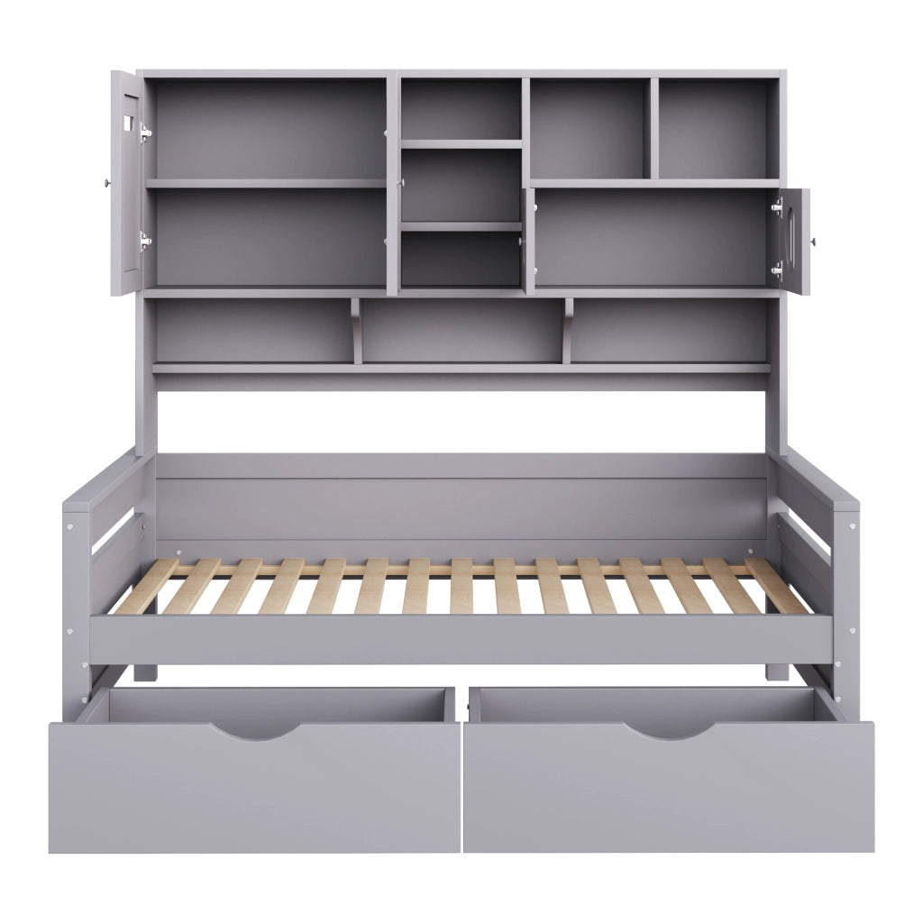 OKWISH Letto Divano 90×200 cm, Letto Singolo con 2 Cassetti, Vani Contenitore e Armadietti, senza Materasso, Legno, Grigio