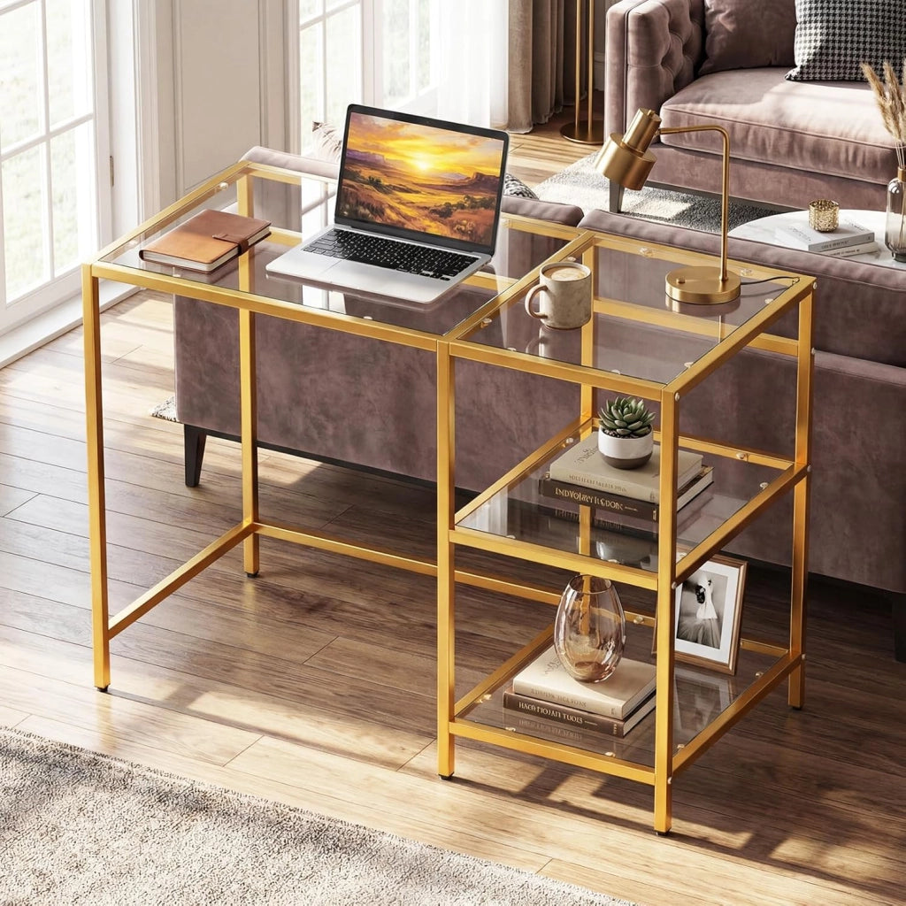 Scrivania in Vetro Temperato 106 x 51 x 77 cm, Tavolo PC Multifunzionale Salvaspazio con 2 Ripiani, Consolle Trucco Moderna per Camera da Letto, Studio, Ufficio e Soggiorno (Oro)