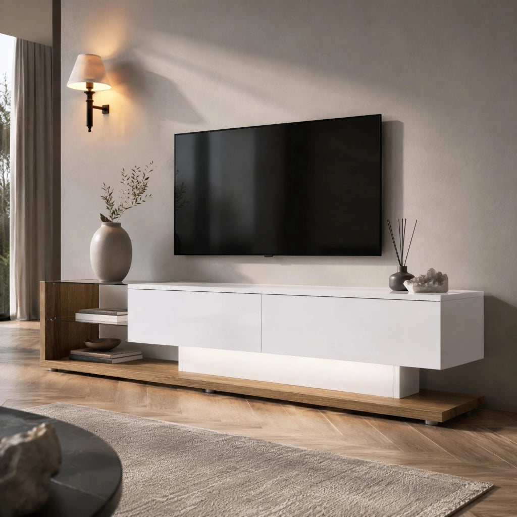 Mobile TV bianco lucido con cassetti e ripiani in vetro