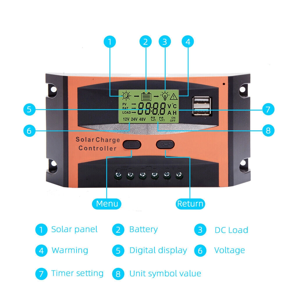Regolatore di carica 30A per pannello solare 12/24V display LCD USB Art.80692