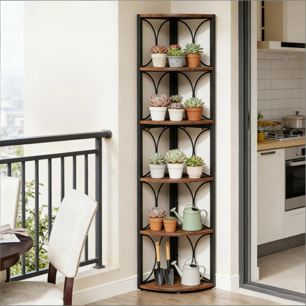 Scaffale angolare a 6 ripiani in metallo e legno, salvaspazio per bagno e balcone