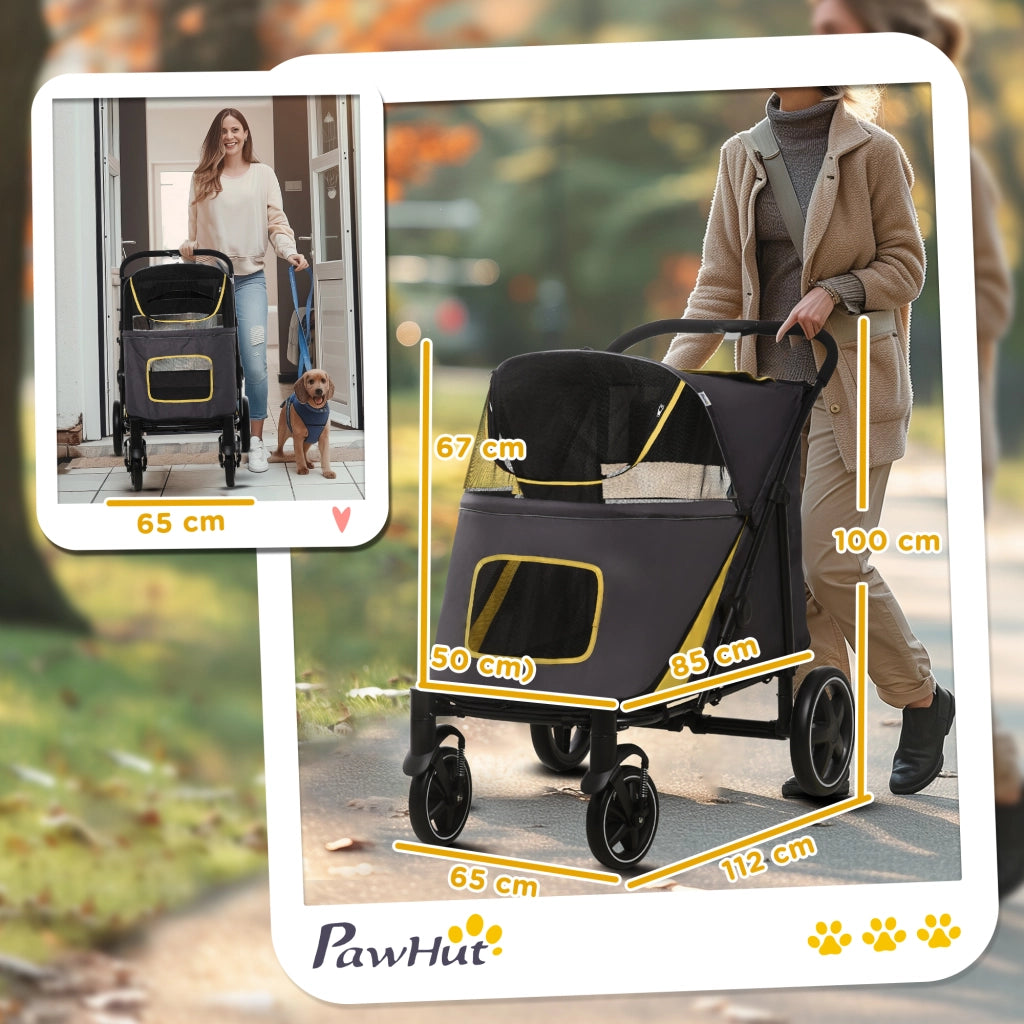 Carrello pieghevole per animali con chiusura a un clic, finestre in rete, ammortizzatori e freni, acciaio grigio scuro 112 × 65 × 100 cm