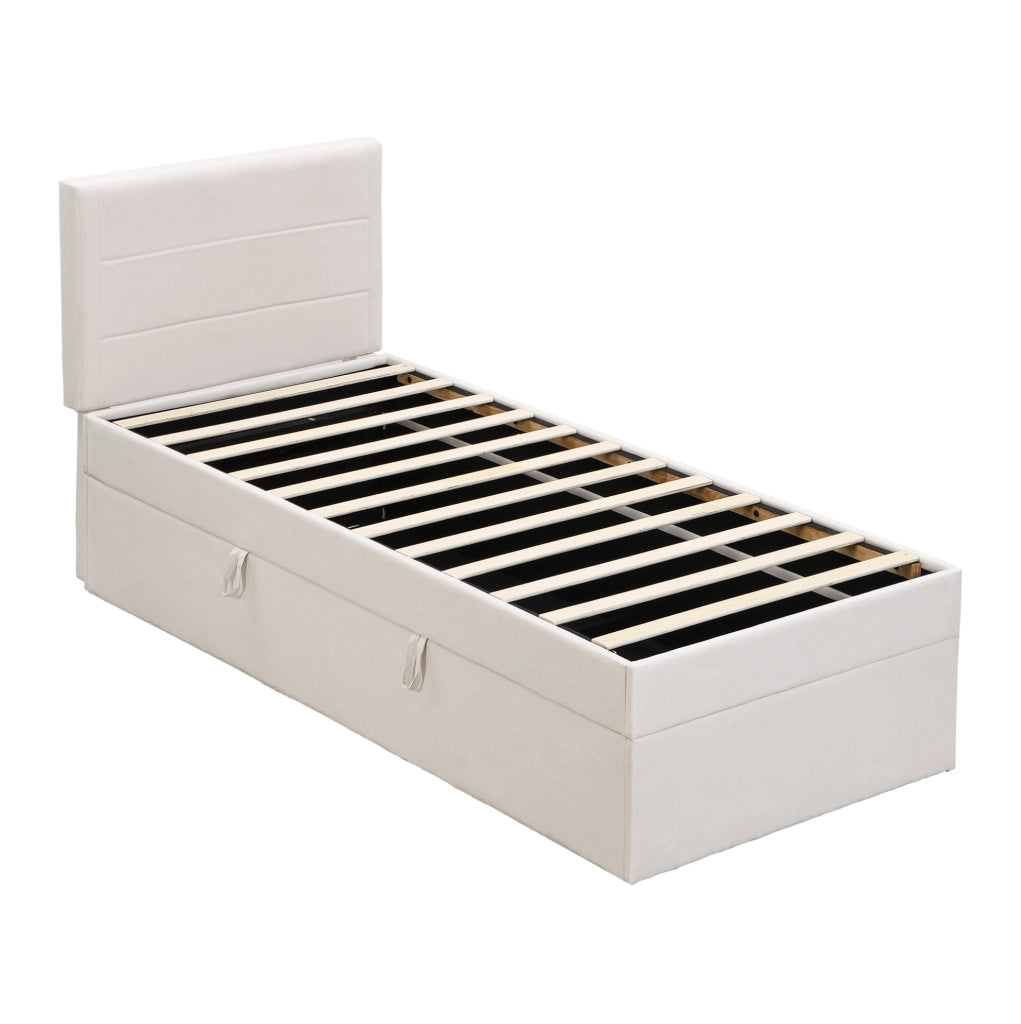 Letto singolo imbottito con rete a doghe e contenitore 90x200 cm; Beige
