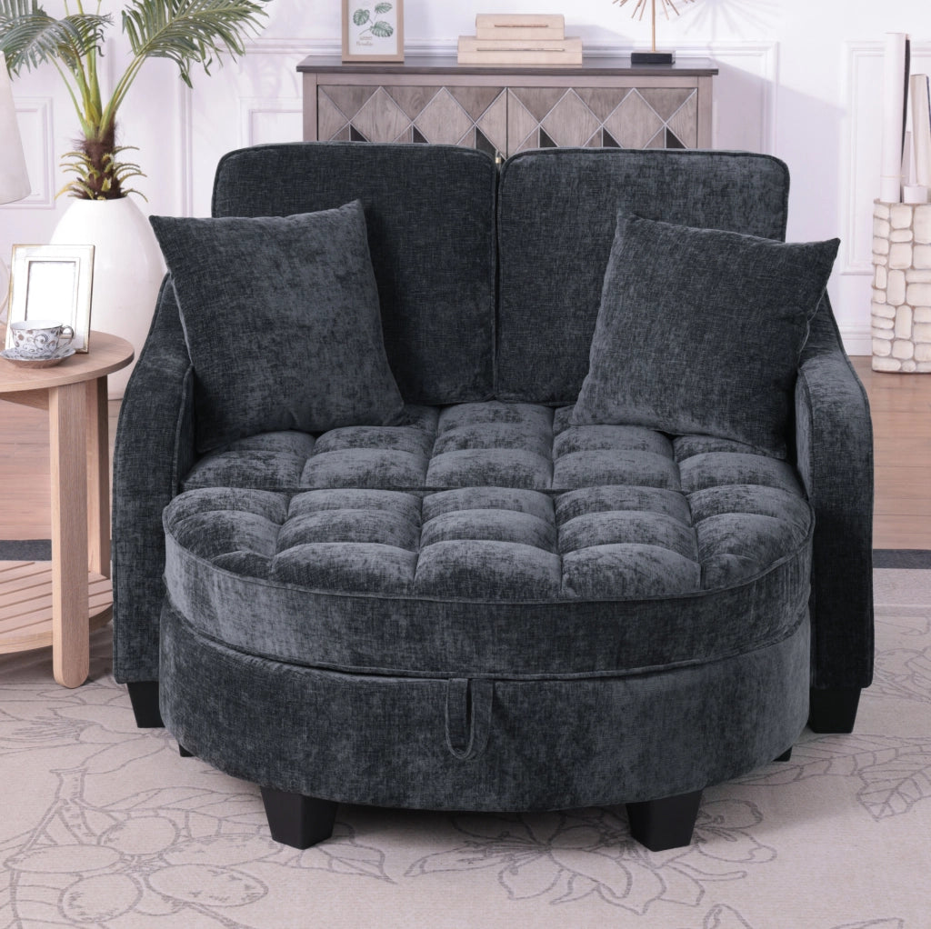 Divano letto 2 in 1 con pouf contenitore; 132x129x93 cm; eucalipto; nero