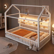 Letto per bambini a forma di casa 90x200 cm con recinto di sicurezza e LED; metallo bianco
