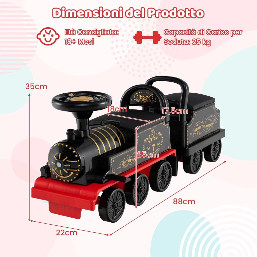 Trenino Elettrico con Vagone, 6V Giocattolo Elettrico a Batteria con Contenitore, Poggiapiedi Estraibili, Musica e Luci LED, Auto Elettrica per Bambini 18+ Mesi