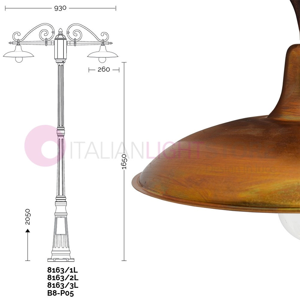 NIKE ANTRACITE Lampione da giardino 3 luci con piatti in ottone anticato