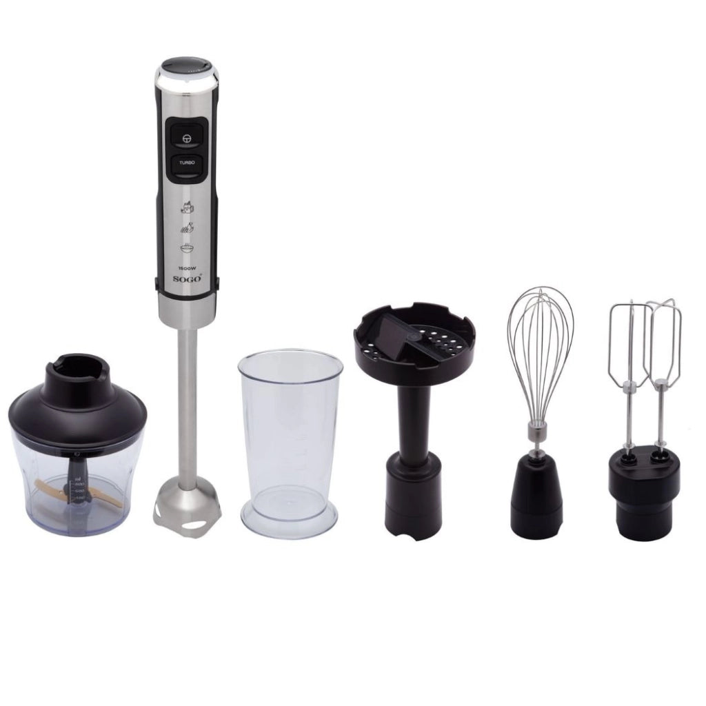 Frullatore a immersione 1500W con tritatutto 650ml, 23 velocità e lame titanio con accessori completi - Sogo