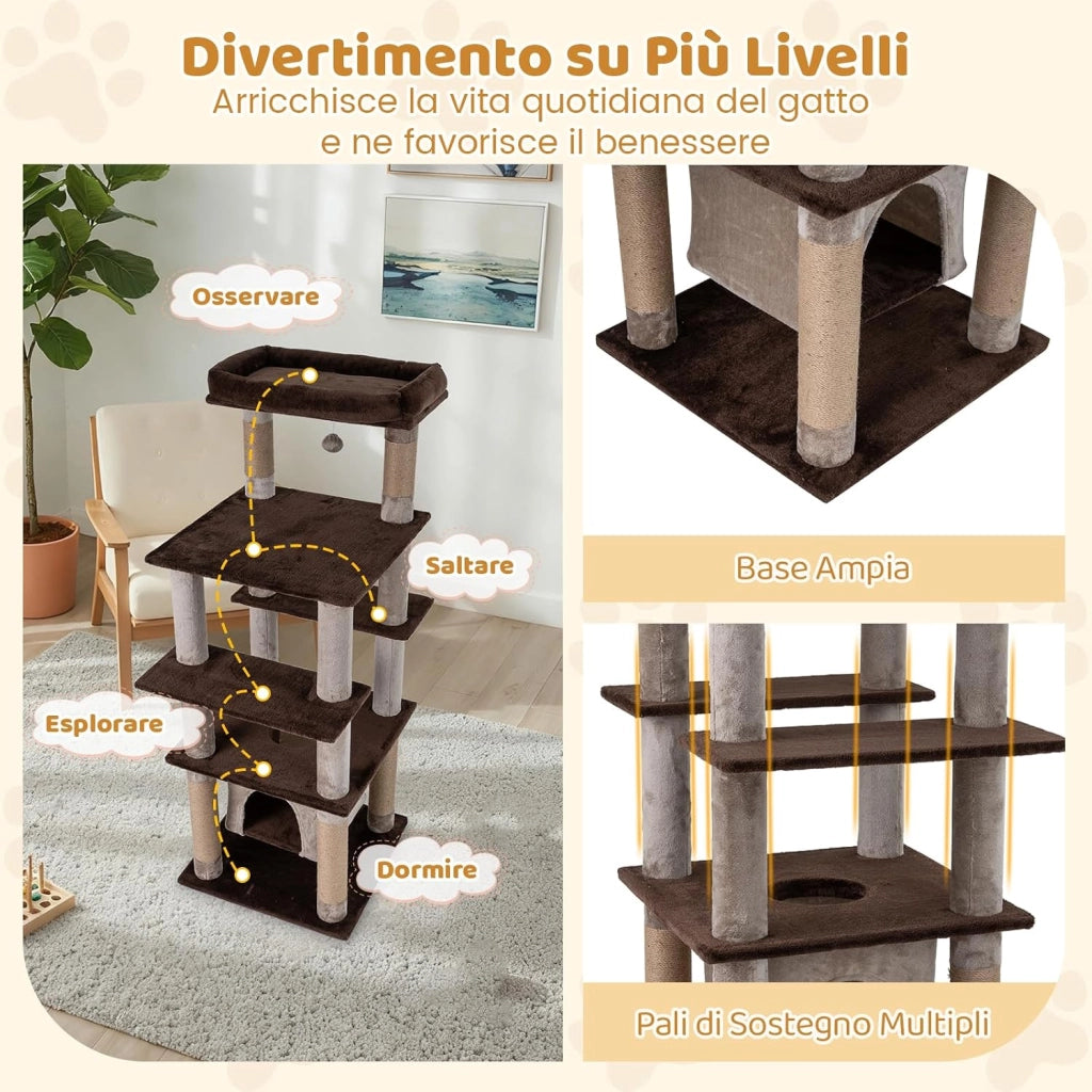 Albero per Gatti Alto 148 cm, Tiragraffi per Gatti con Condo Aereo Oscillante, Cuccia Morbida, Tiragraffi, Foro e Pompon e Piattaforme, Mobile da Arrampicata Interna