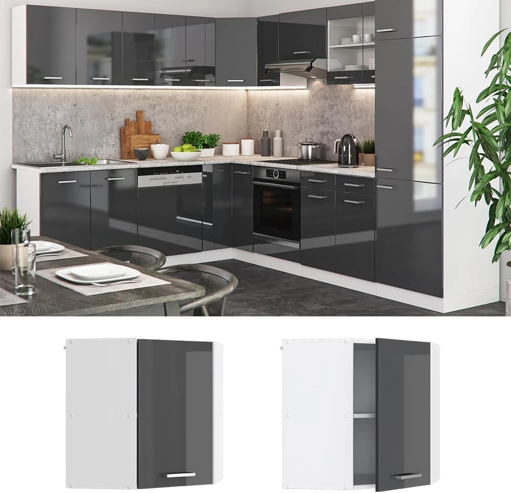 Mobile angolare da cucina R-Line, Antracite lucido, 57 cm, per la libera combinazione all'interno di sistemi cucina modulari