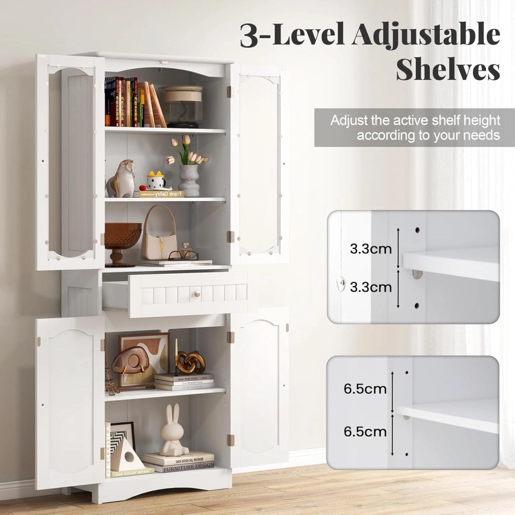 Mobile da Bagno a Terra, Armadietto da Bagno Alto, Mobiletto da Bagno Moderno, con 4 Ante in Vetro e 1 Cassetto, Ripiani Regolabili in Altezza, Ampio Spazio di Stoccaggio per Casa (Bianco)