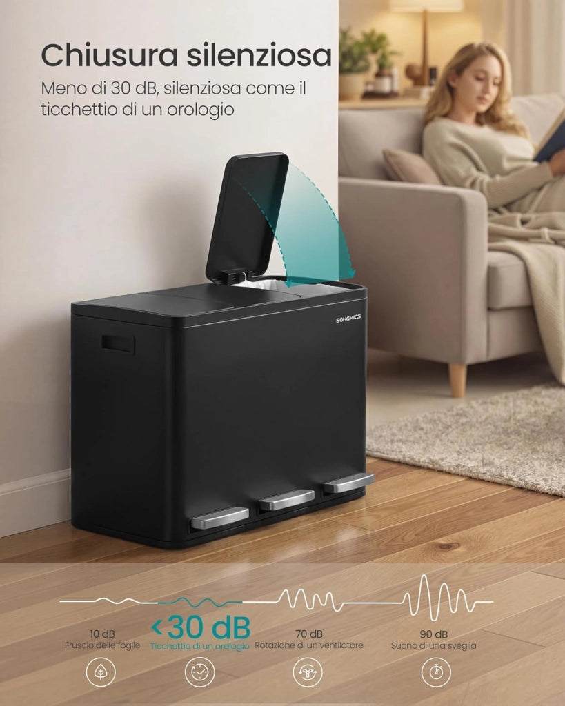 SONGMICS Pattumiera Cucina 3 x 15 L, Cestino per Raccolta Differenziata 3 Scomparti, 15 Sacchetti, Secchi Rimovibili, Coperchio, Maniglie, Chiusura Morbida, Acciaio, Nero Inchiostro LTB145BZ02