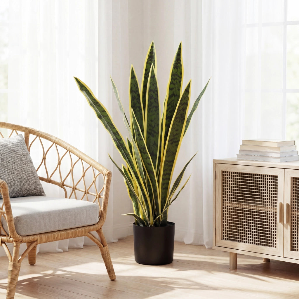 Sanseveria Artificiale Pianta Finta Realistica con Vaso, ?15cm x 80cm, Verde e Giallo