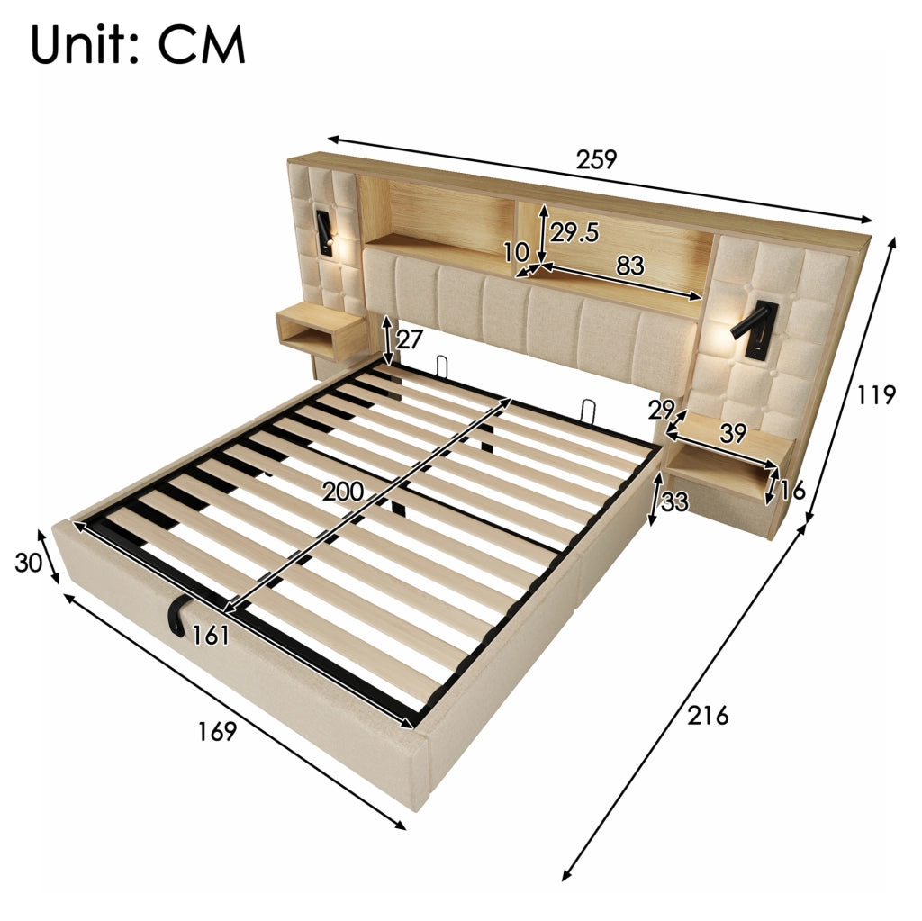 Letto contenitore 160x200 beige con LED, USB-C e comodini