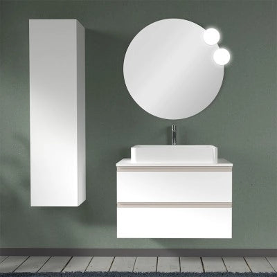 Mobile bagno sospeso 80 cm bianco opaco con top e specchio tondo Master