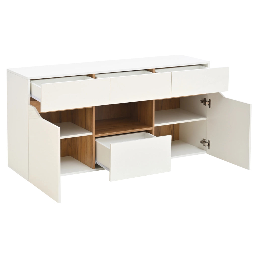 Sideboard soggiorno 140 x 40 x 70 cm con 4 cassetti, 2 ante, LED smart, finitura bianco e legno
