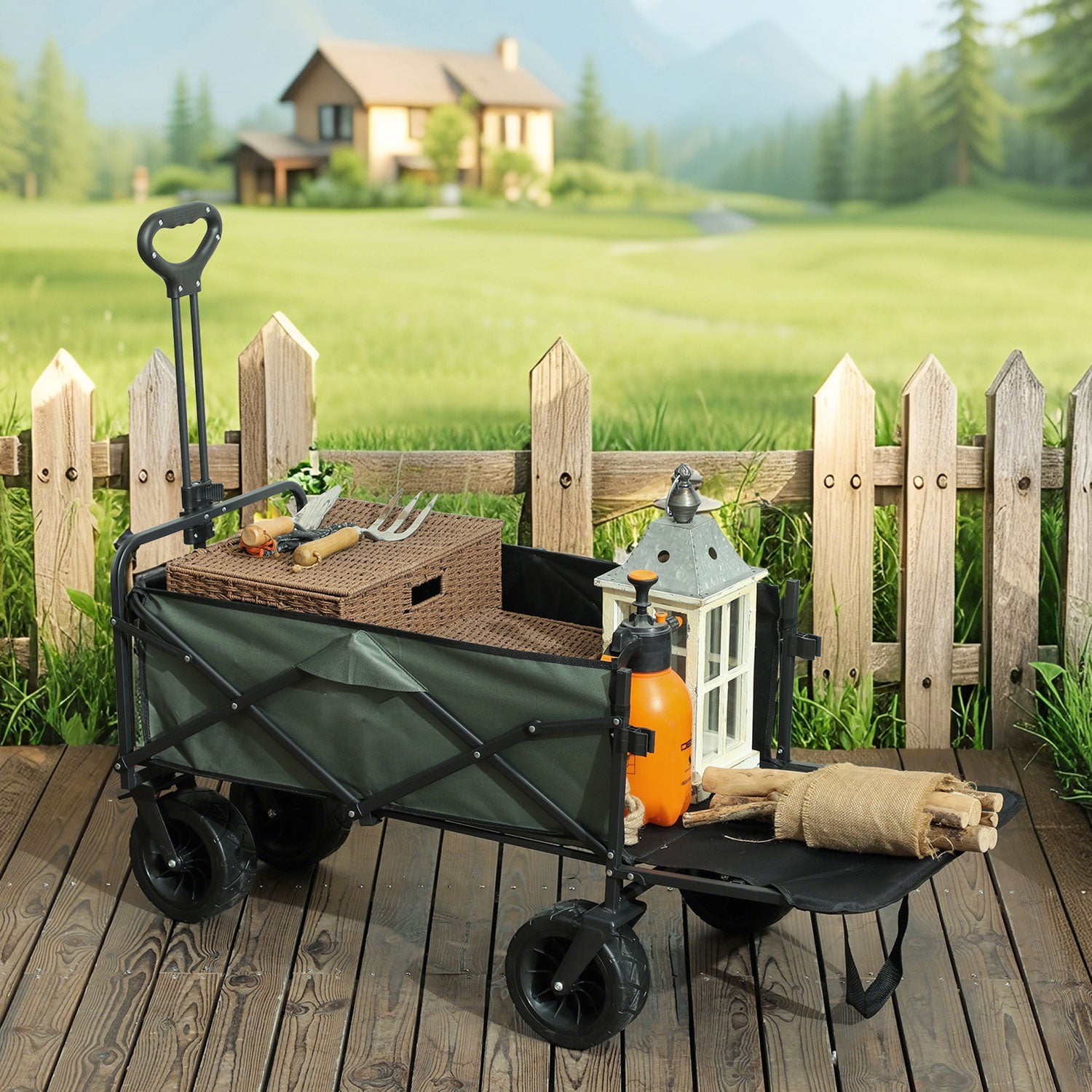 Carrello da Giardino 125x48x78-102 cm da 95L Pieghevole in Acciaio e Poliestere Verde