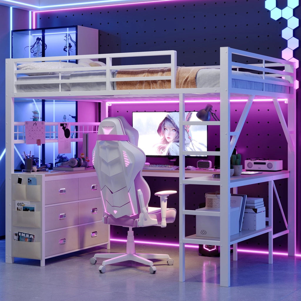 Letto a soppalco gaming 140x200 in metallo bianco con scrivania cassetti e luci LED