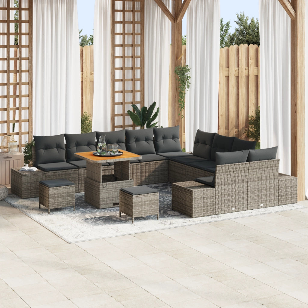 Set Divano da Giardino  da 13 Pezzi con Cuscini Grigio Polyrattan Acacia