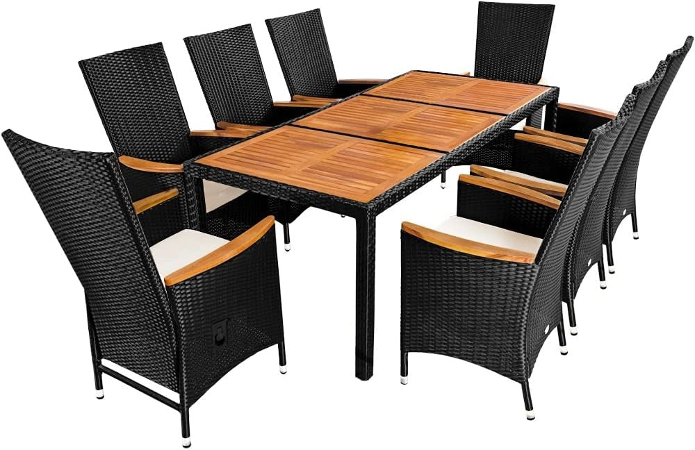 Casaria Salottino da Giardino 8+1 Polyrattan Cuscini 7cm Legno di Acacia 2 Sedie Reclinabili