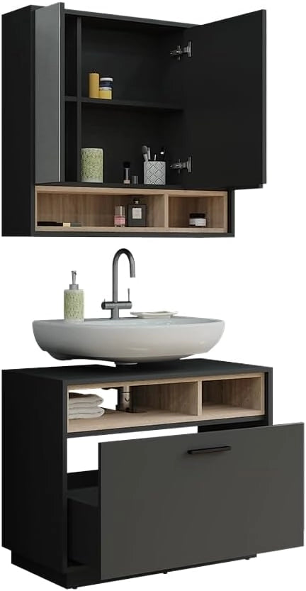 Set di mobili da bagno Beatrice, Antracite/Sonoma, 80 cm, composto da specchio da bagno e mobile sottolavabo