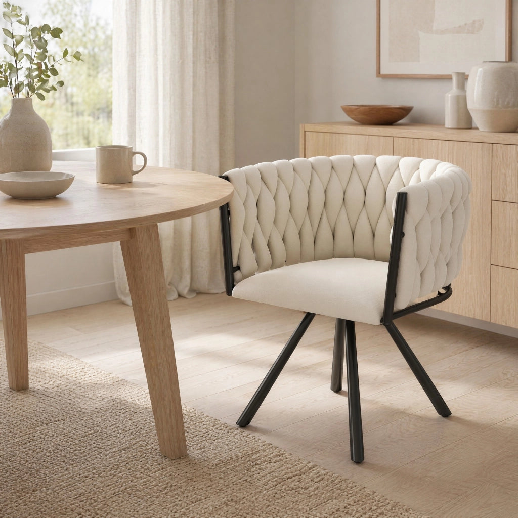 Sedia da pranzo girevole in velluto beige con struttura in metallo e schienale ergonomico